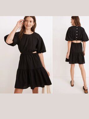 Madewell Black Seersucker Puff Sleeve Cutout Mini Dress - Size XXL - NWT